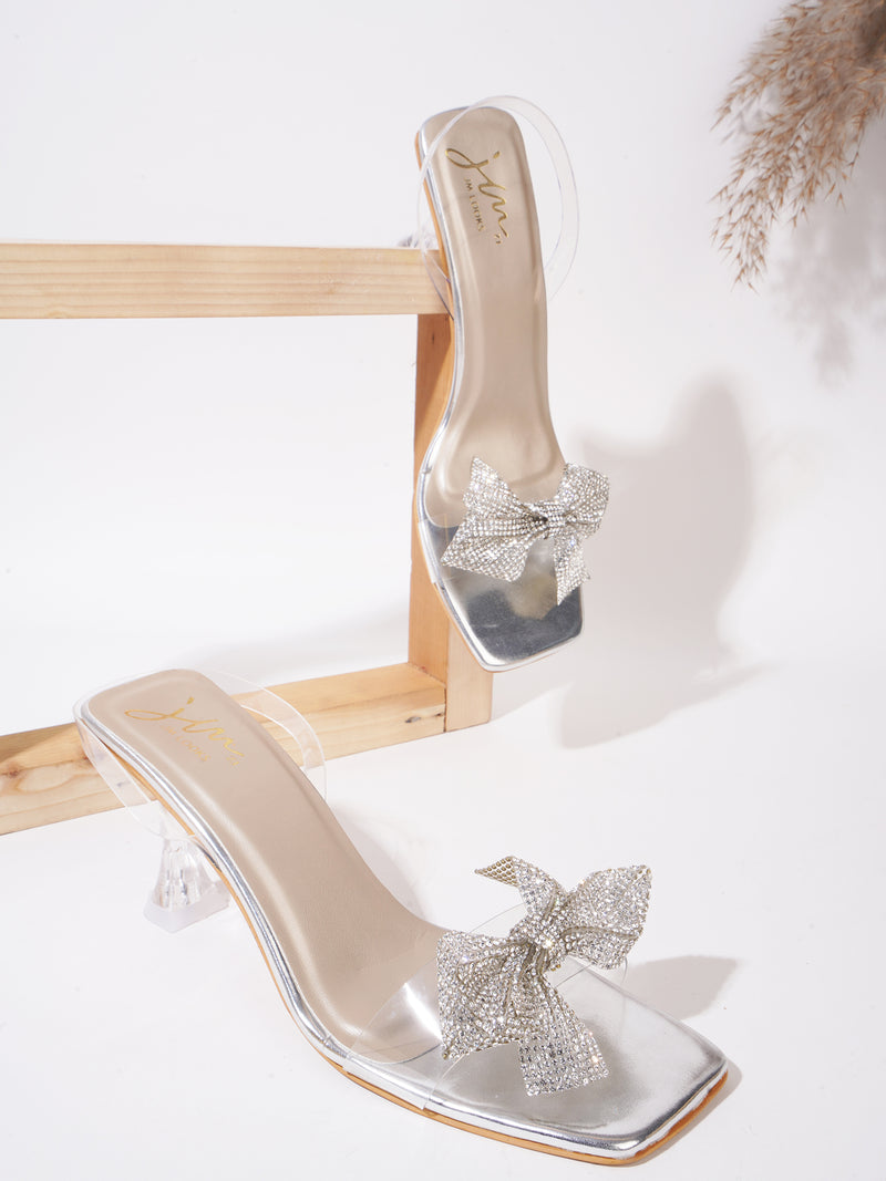 Stellar Sparkle Transparent Bow Heels for Women and Girls Silver