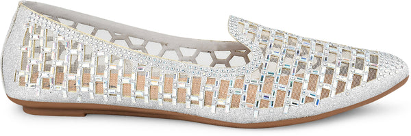 Silver Embellished Stylish Slip-On Shimmering Pointed-Toe Ballerinas Flats for Women & Girls