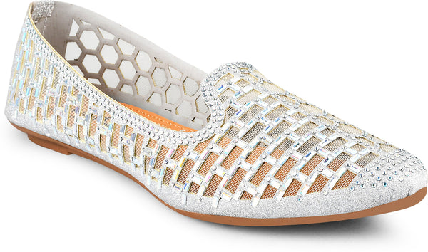 Silver Embellished Stylish Slip-On Shimmering Pointed-Toe Ballerinas Flats for Women & Girls