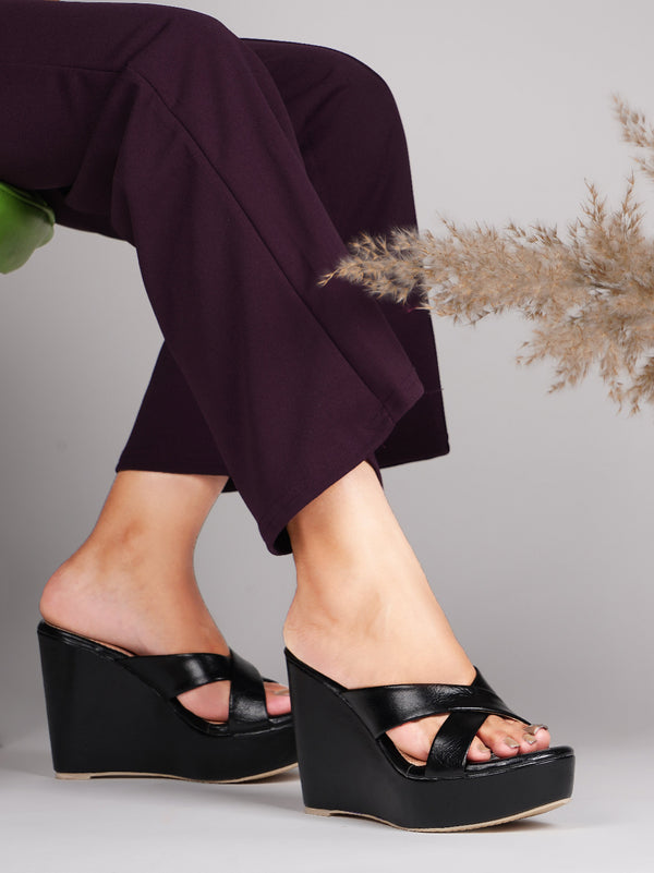 Wedge heels for women black open toe criss cross strap platform comfortable casual party wear footwear