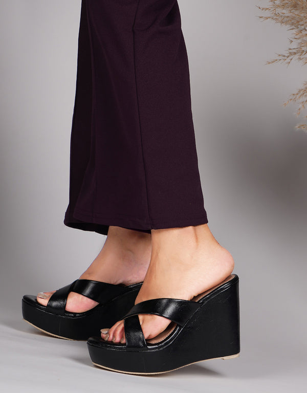 Wedge heels for women black open toe criss cross strap platform comfortable casual party wear footwear