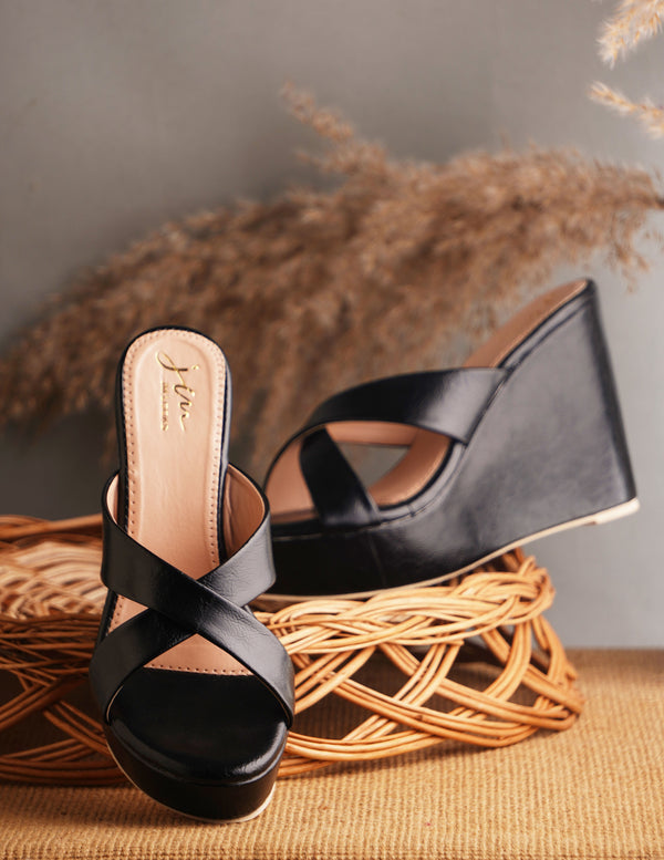 Wedge heels for women black open toe criss cross strap platform comfortable casual party wear footwear
