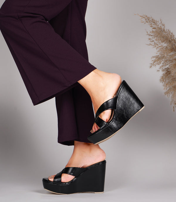 Wedge heels for women black open toe criss cross strap platform comfortable casual party wear footwear
