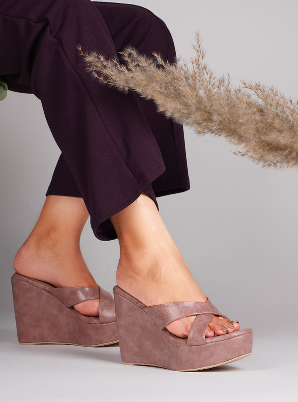 Wedge heels for women peach open toe criss cross strap platform comfortable casual party wear footwear