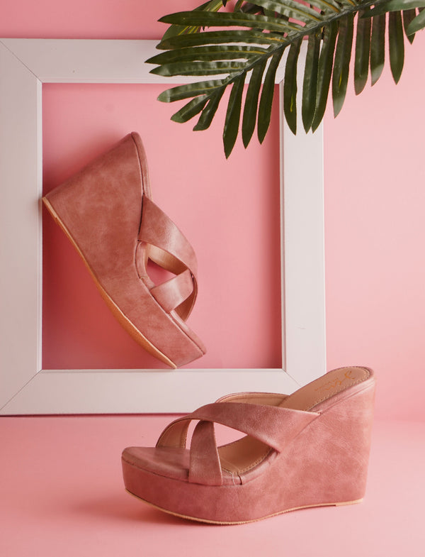 Wedge heels for women peach open toe criss cross strap platform comfortable casual party wear footwear
