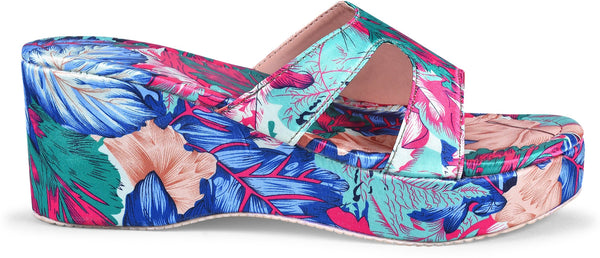 Platform wedge heels for women featuring vibrant tropical floral print with H-strap slip-on open-toe comfortable design Blue