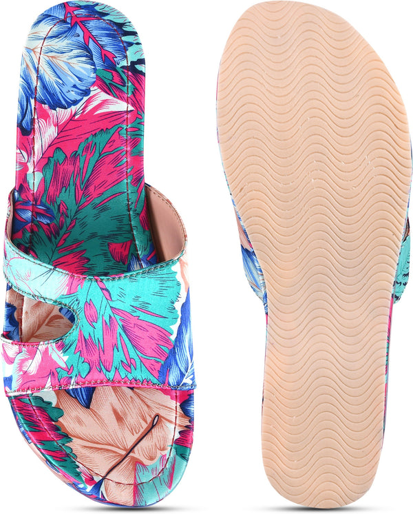 Platform wedge heels for women featuring vibrant tropical floral print with H-strap slip-on open-toe comfortable design Blue