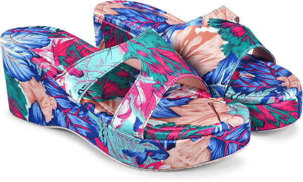 Platform wedge heels for women featuring vibrant tropical floral print with H-strap slip-on open-toe comfortable design Blue