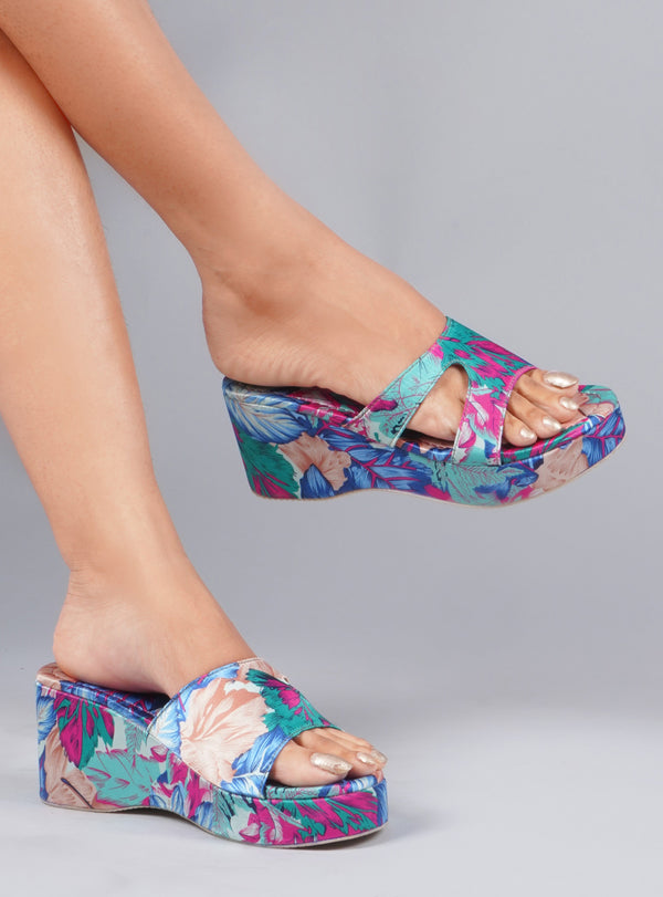 Platform wedge heels for women featuring vibrant tropical floral print with H-strap slip-on open-toe comfortable design Blue