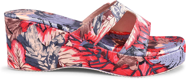 Platform wedge heels for women featuring vibrant tropical floral print with H-strap slip-on open-toe comfortable design Red