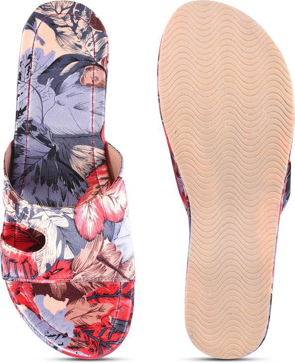Platform wedge heels for women featuring vibrant tropical floral print with H-strap slip-on open-toe comfortable design Red