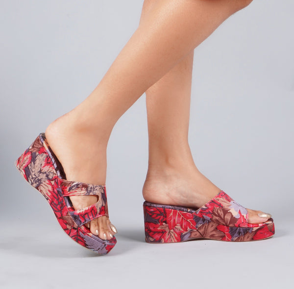 Platform wedge heels for women featuring vibrant tropical floral print with H-strap slip-on open-toe comfortable design Red