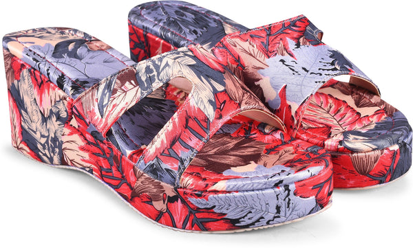 Platform wedge heels for women featuring vibrant tropical floral print with H-strap slip-on open-toe comfortable design Red