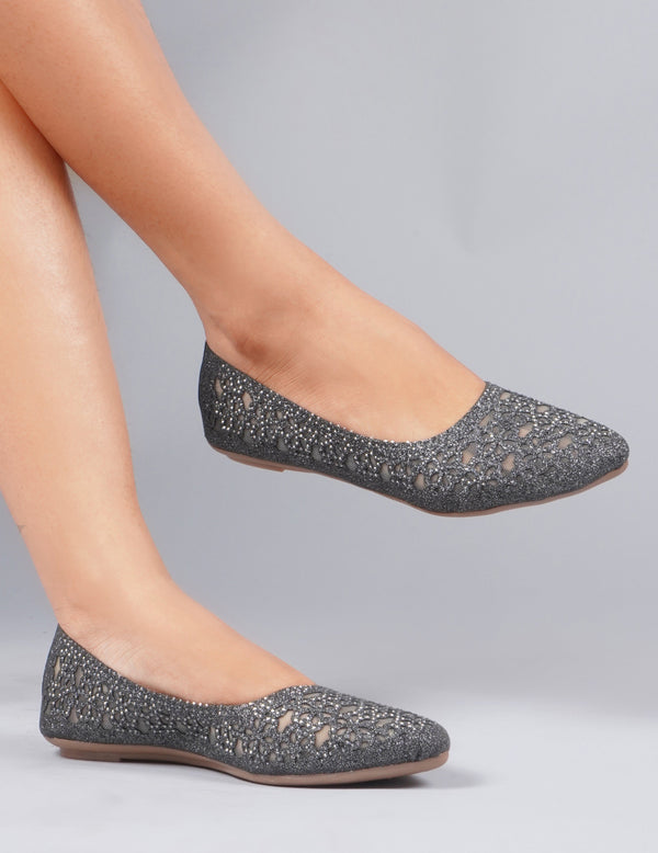 Embellished Cut-Work Pointed-Toe Ballerinas: Flats for Women & Girls Grey