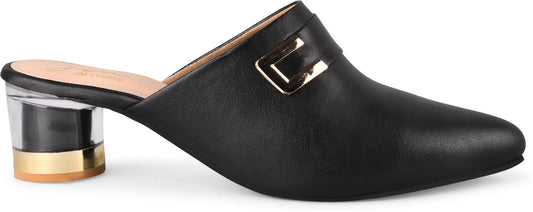 Women’s pointed-toe mules with buckle and metallic block heel Black