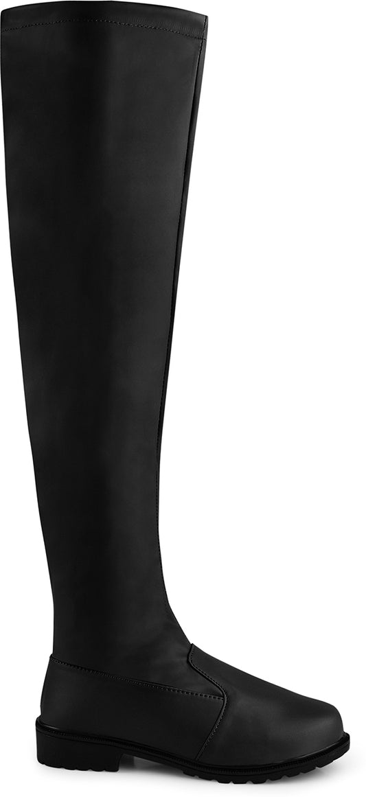 Over-the-knee black boots for women featuring flat sole, round toe, and smooth stretch faux leather finish