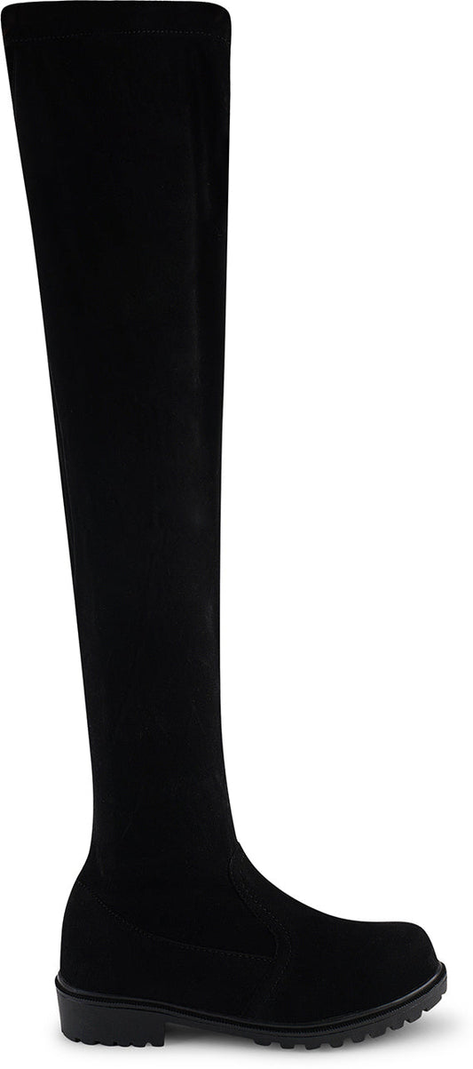 Black suede over-the-knee boots featuring chunky lug sole, low block heel, round toe, stretchy slim fit