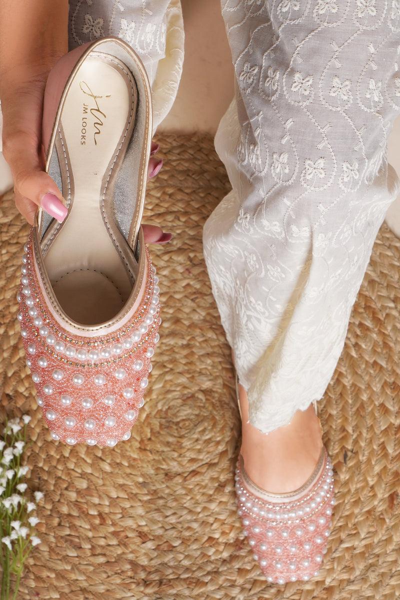 Ethnic Embellished Square Toe Mojaris for Women and Girls at JM LOOKS Peach