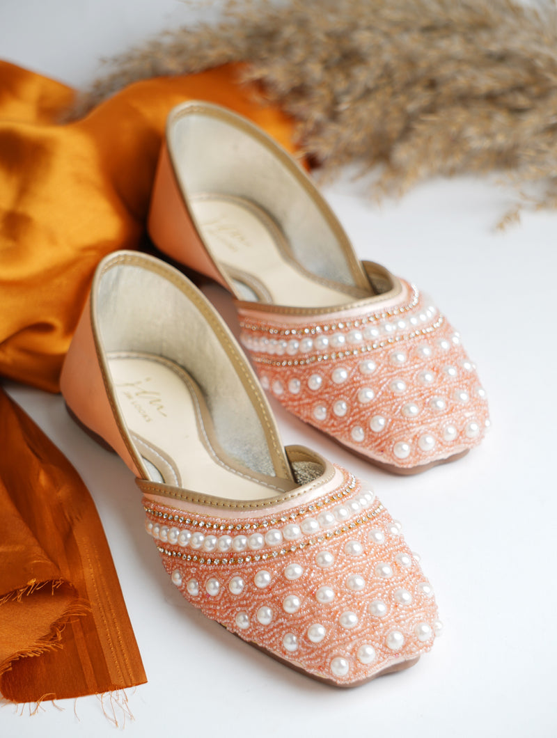 Ethnic Embellished Square Toe Mojaris for Women and Girls at JM LOOKS Peach