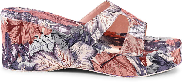 Platform wedge heels for women featuring vibrant tropical floral print with H-strap slip-on open-toe comfortable design Grey