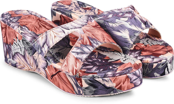 Platform wedge heels for women featuring vibrant tropical floral print with H-strap slip-on open-toe comfortable design Grey