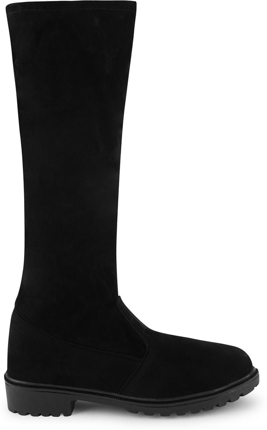JM Looks knee high boots for women in black suede with lug sole, low block heel, rounded toe
