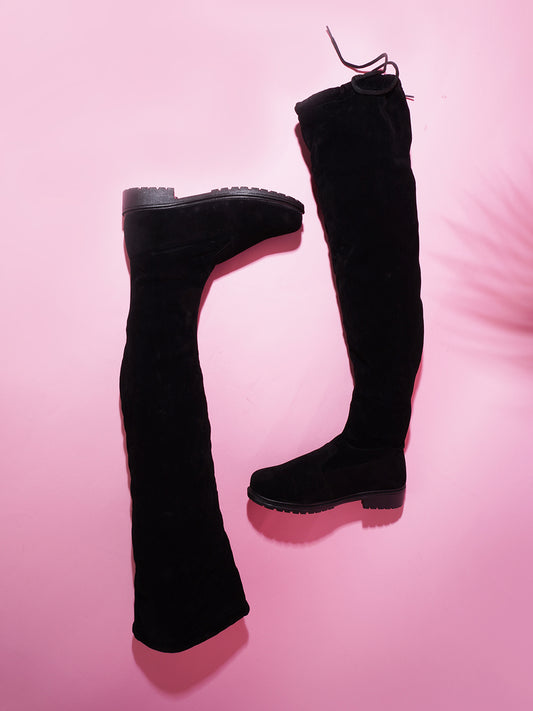 JM Looks knee high boots for women in black suede with lug sole, low block heel, rounded toe