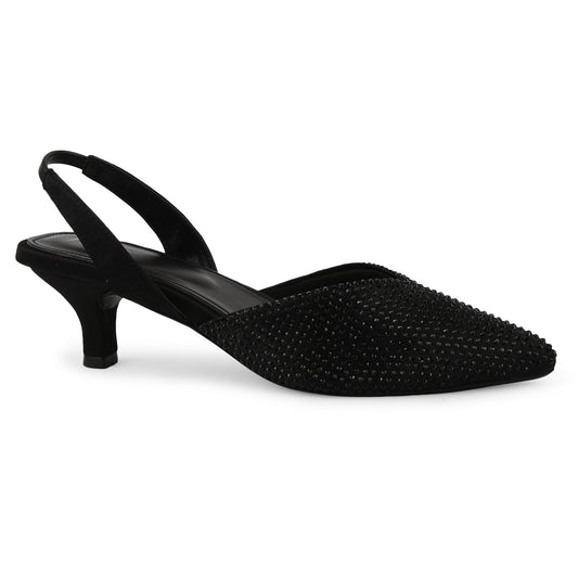 Rhinestone embellished pointed toe slingback kitten heels for women, perfect for party and evening wear Black