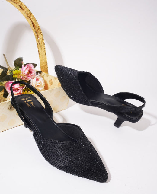 Rhinestone embellished pointed toe slingback kitten heels for women, perfect for party and evening wear Black
