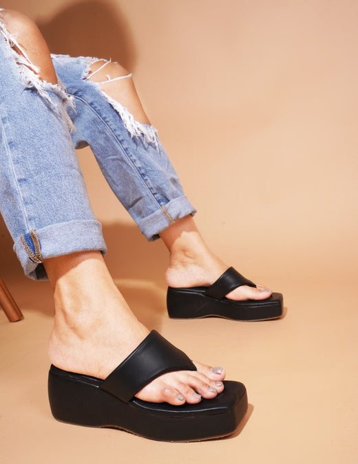 Platform thong sandals for women in black, chunky wedge heel, square toe, slip-on summer footwear