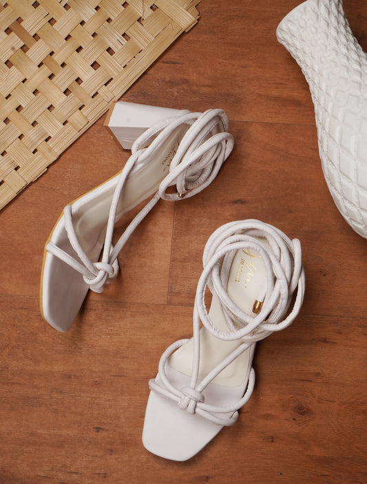Open Toe Chunky Heeled Sandals with Lace Fastening for Women and Girls White