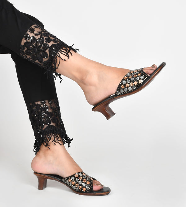 Embroidered Heels with Mirror Work sandals for Women and Girls  Black