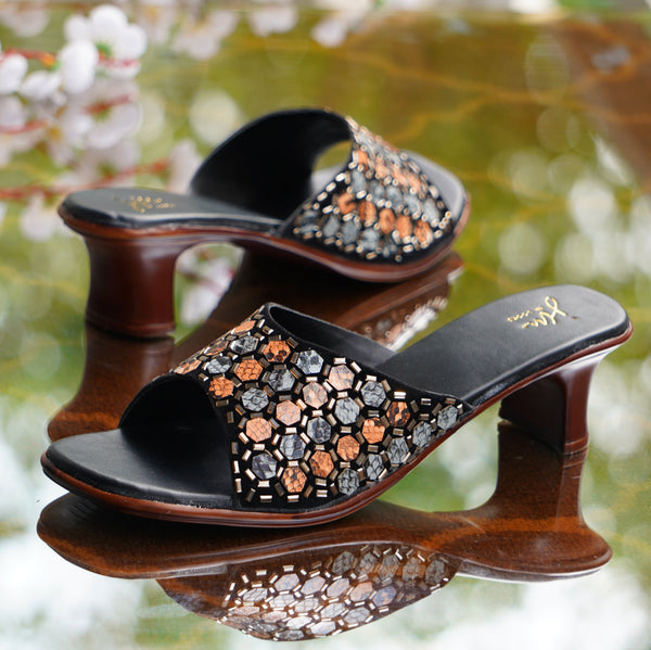 Embroidered Heels with Mirror Work sandals for Women and Girls  Black