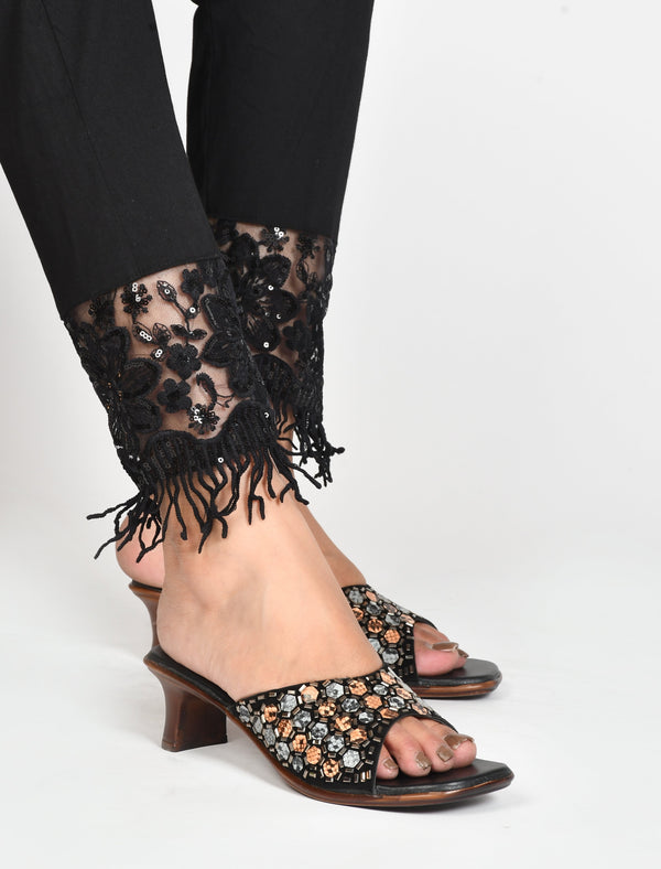 Embroidered Heels with Mirror Work sandals for Women and Girls  Black