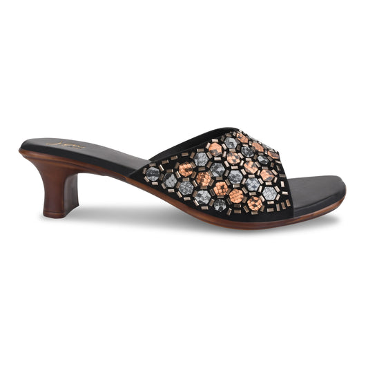 Embroidered Heels with Mirror Work sandals for Women and Girls  Black