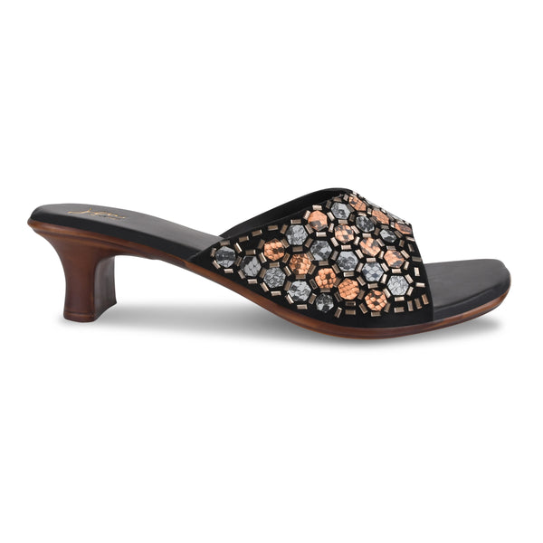 Embroidered Heels with Mirror Work sandals for Women and Girls  Black