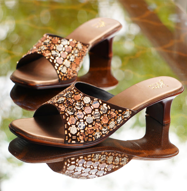 Embroidered Heels with Mirror Work sandals for Women and Girls  Copper