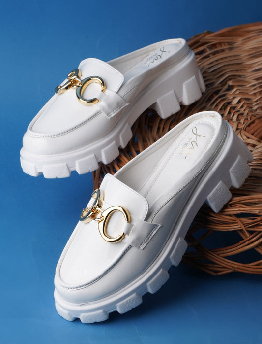 patent half-loafer platform mules with gold buckle detail White