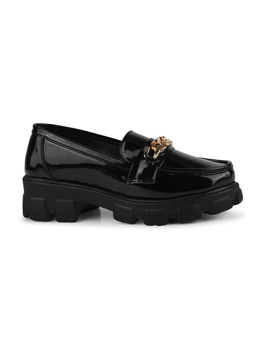 Black Women's glossy patent loafers with chunky sole and chain detail, slip-on style
