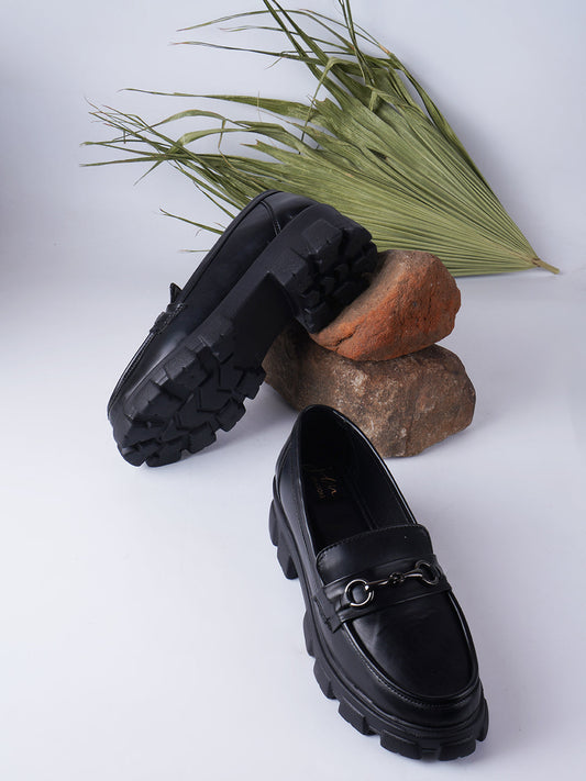 Black buckled horsebit chunky loafers heels for women