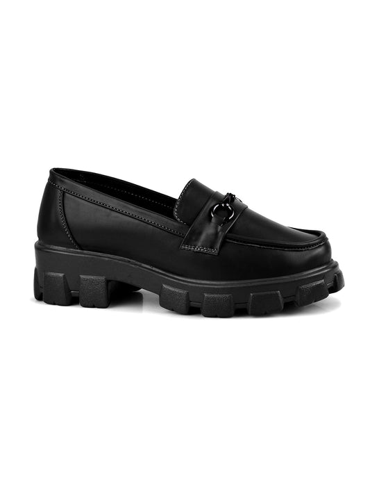 Black buckled horsebit chunky loafers heels for women